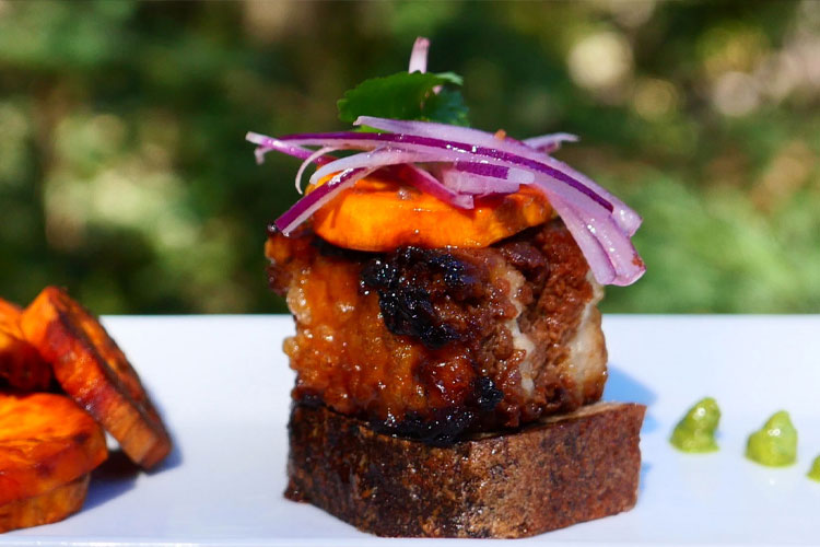 Braised Vegan Pork with Sweet Potato and Creole Sauce